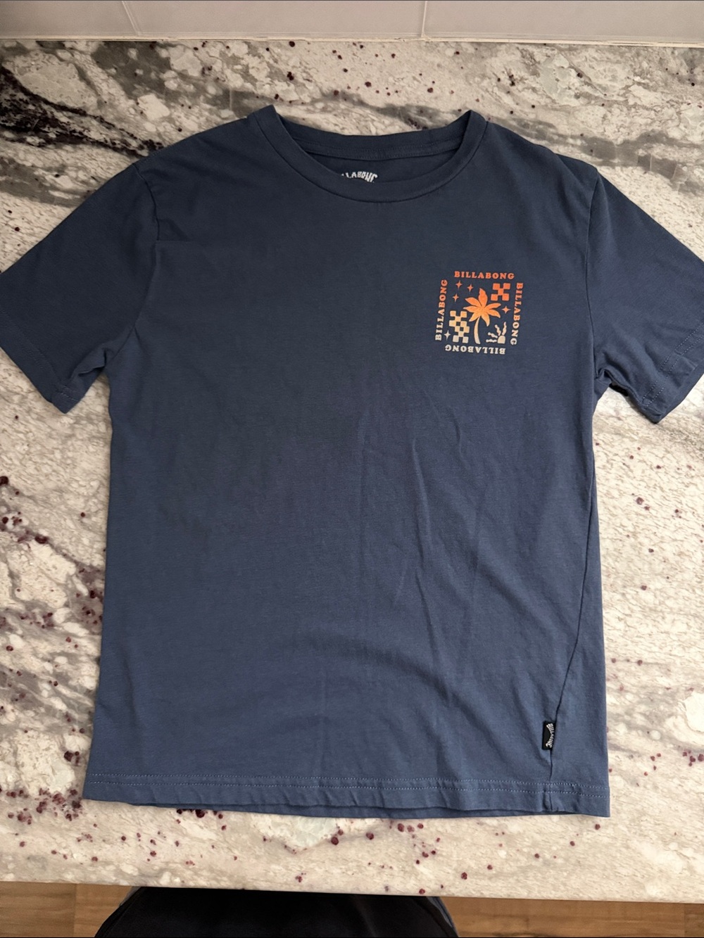 Billabong Blue Short Sleeve Tee with Orange Chest Graphic